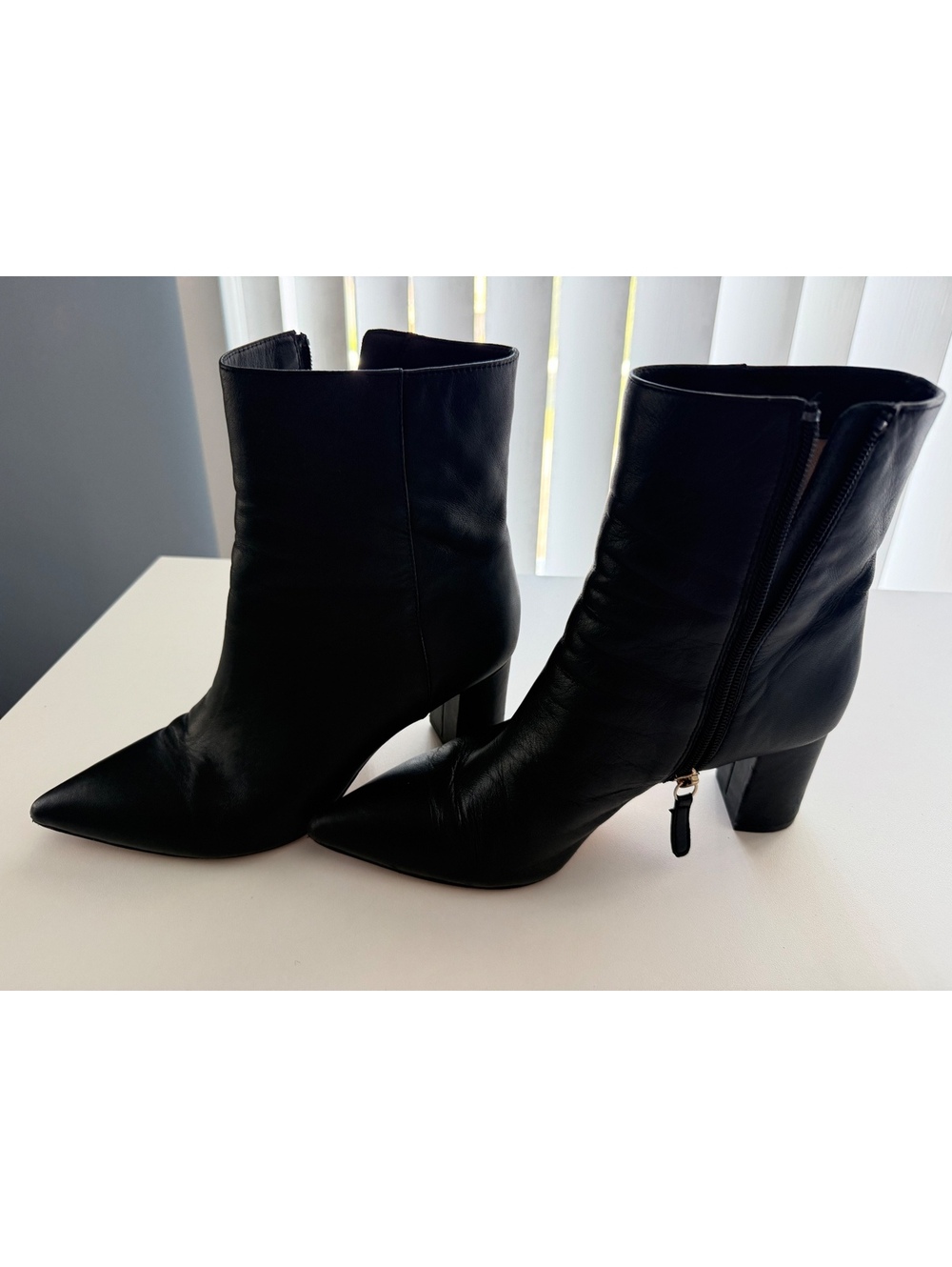 J.Crew Leather Pointed Toe high Ankle Boots with Side Zipper and Block Heel